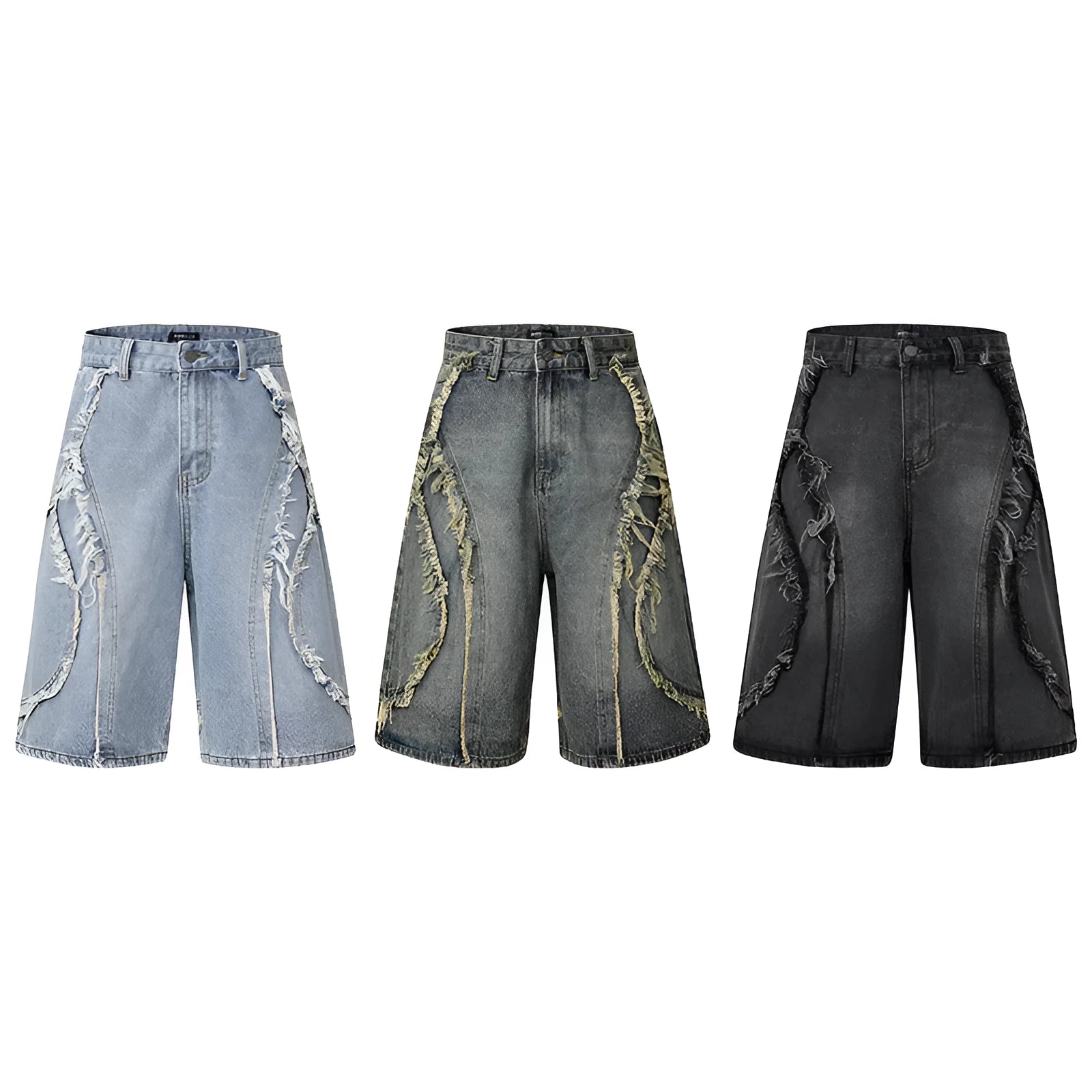 American Pu Shuai distressed raw edge denim shorts in light blue, straight cut cropped style.