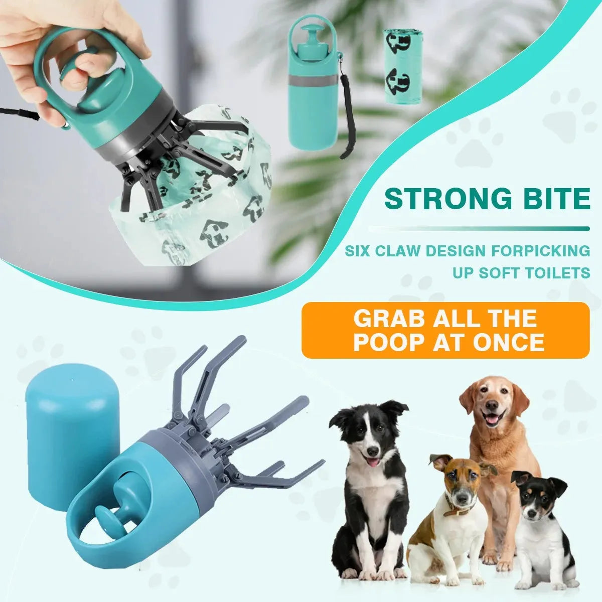 Blue and orange portable claw dog pooper scooper with built-in garbage bag dispenser.