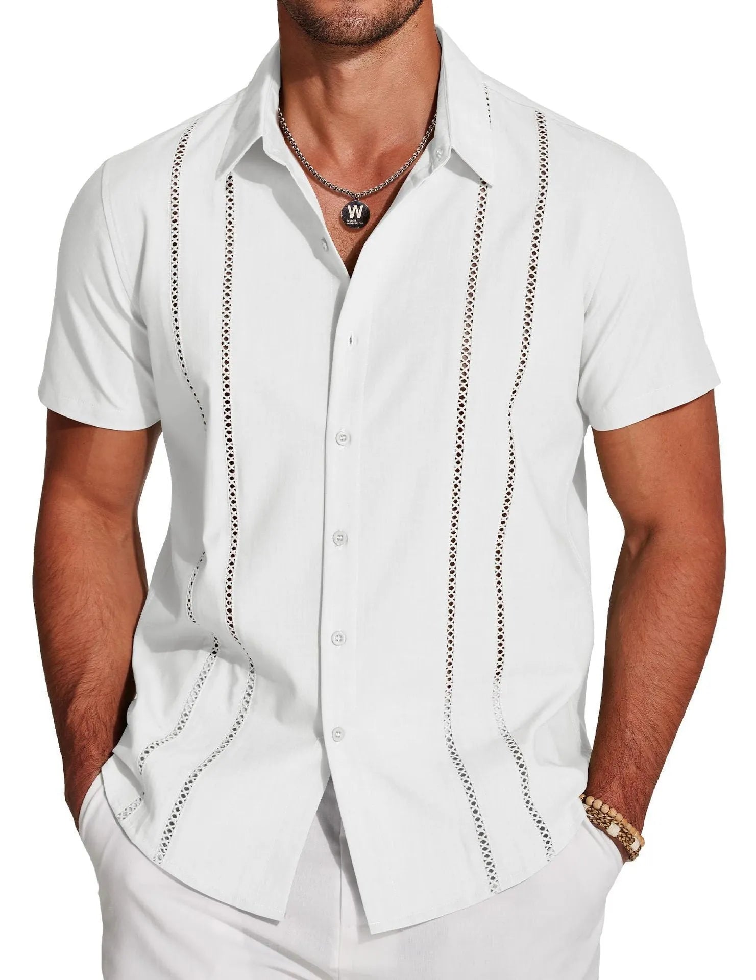 Man wearing a slim fit, short sleeve Hawaiian shirt with a digital print pattern in a cardigan style.