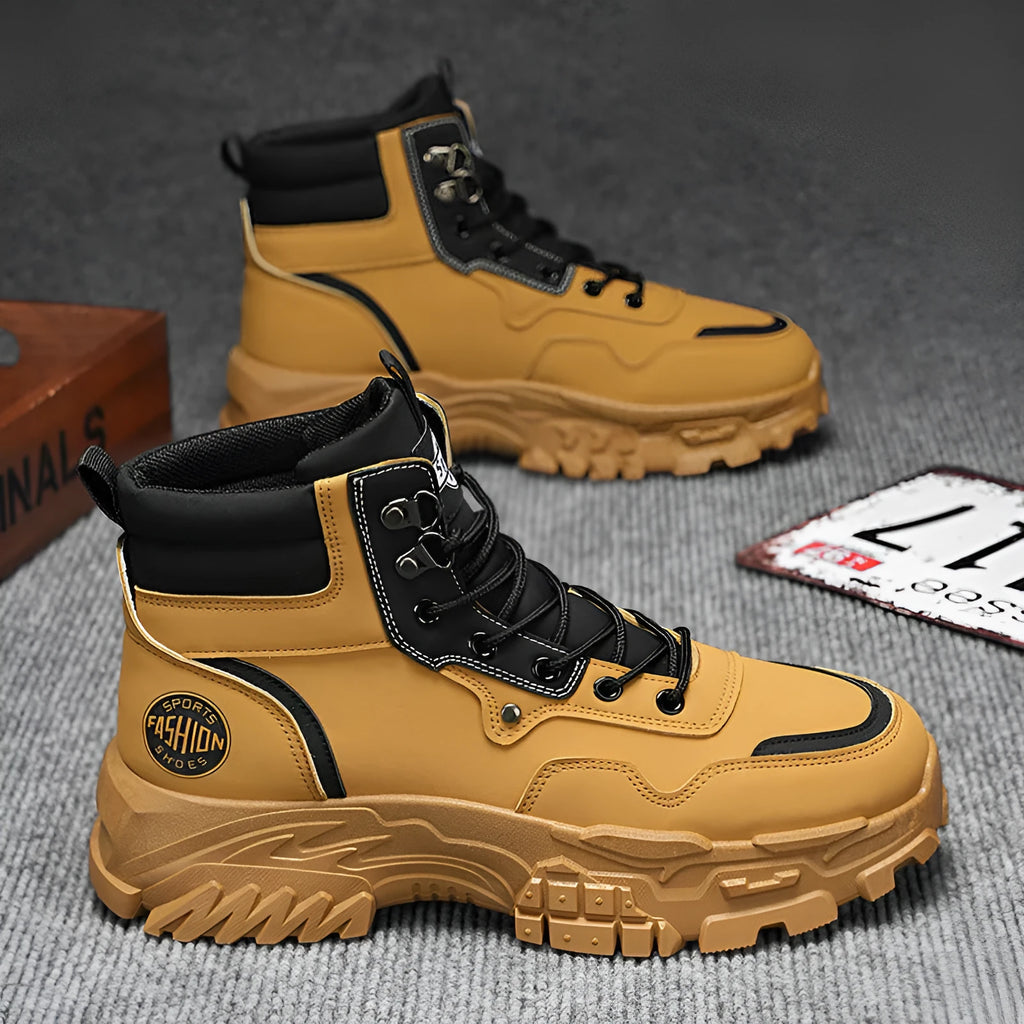 Men's black and yellow artificial PU Martin boots with mid-calf height and injection moulded sole.