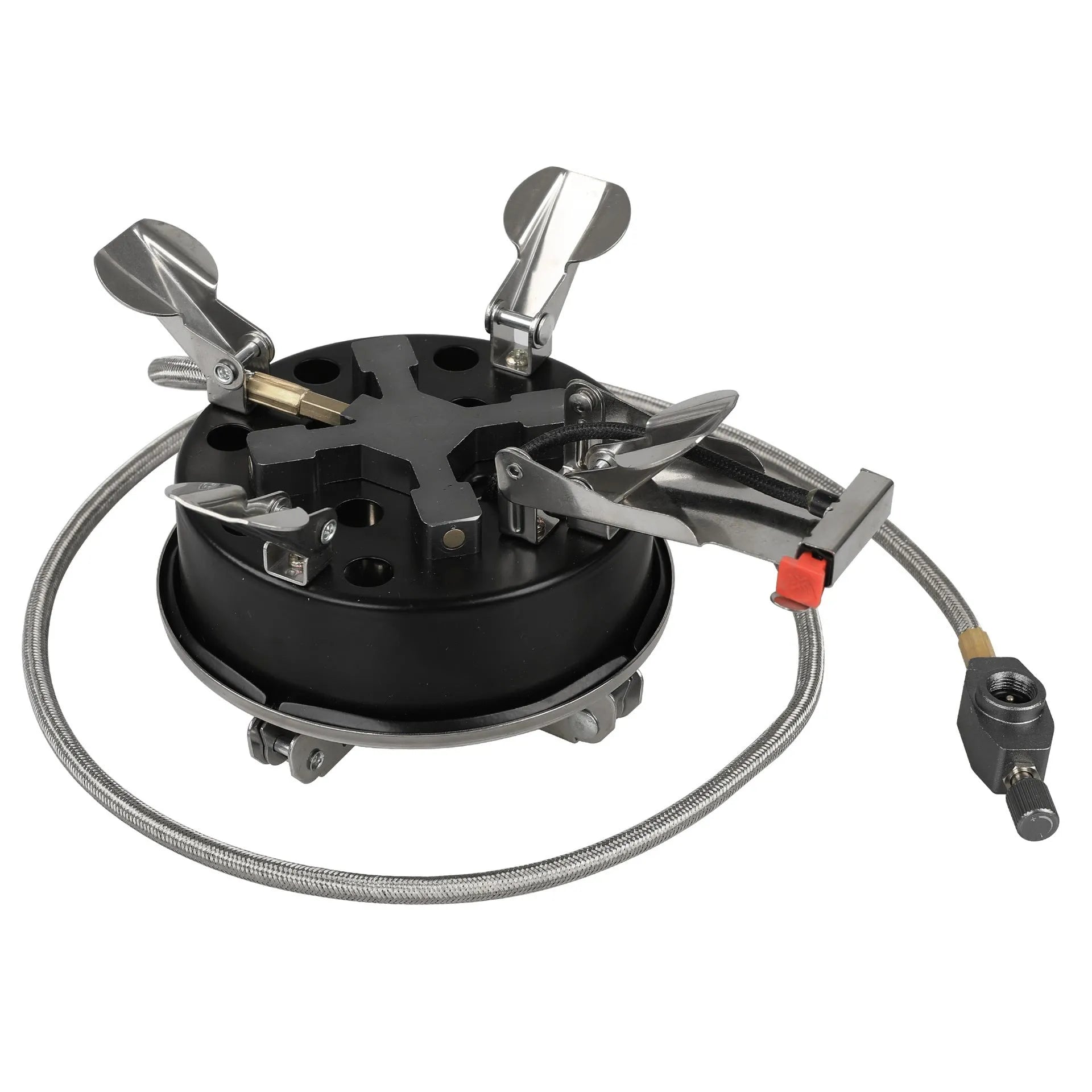 Silver stainless steel portable split camping stove with 100cm hose, folded to 155x125mm