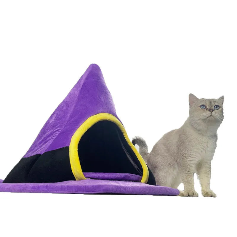 Purple witch hat shaped cat nest pet bed measuring 60x45cm