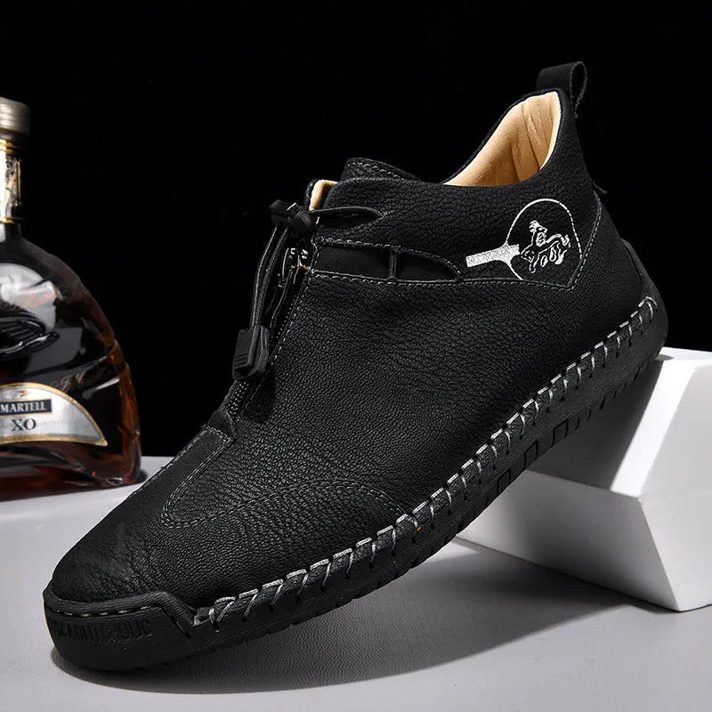 Men's casual leather shoes with round toe and 3-5cm mid-heel in black, blue, green, or khaki