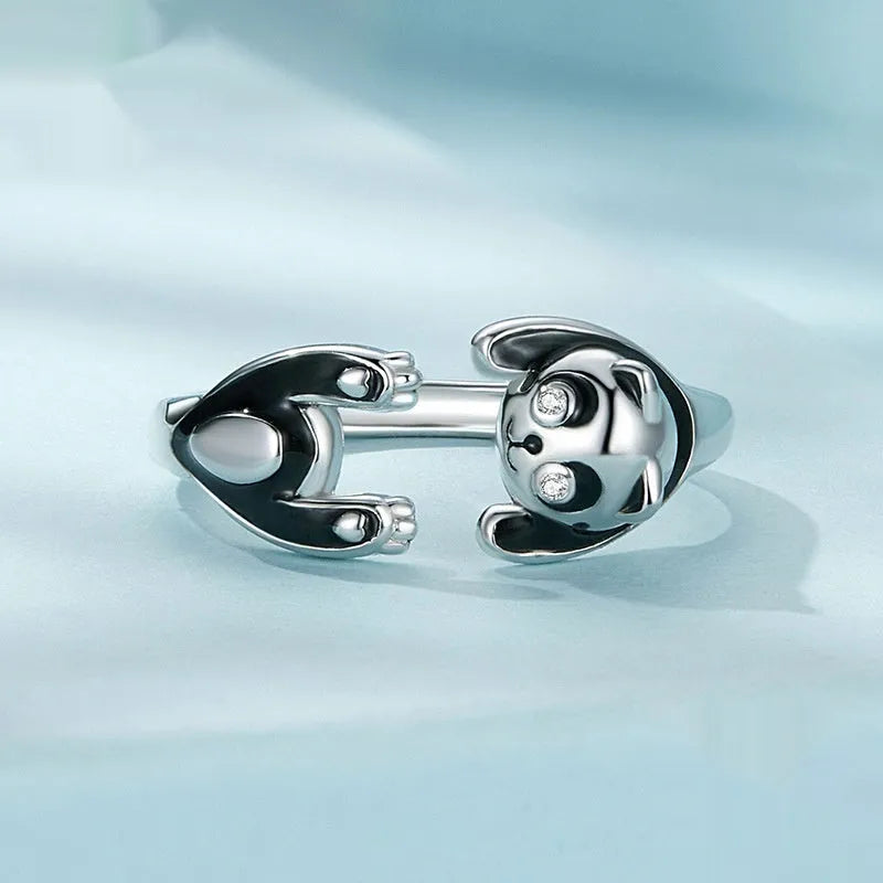 Adjustable panda sterling silver ring bracelet with white gold plating and open design