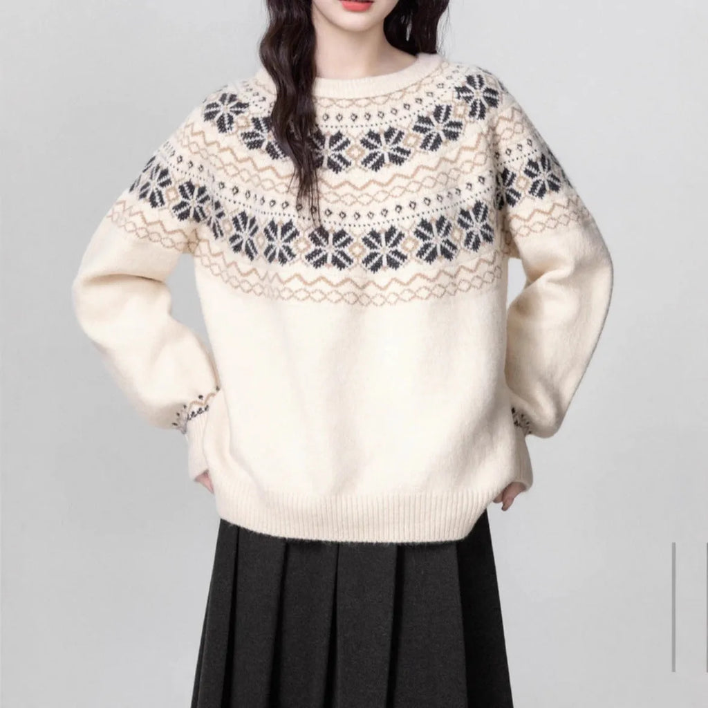 Women's milky white Fair Isle geometric pattern pullover sweater with crew neck and long sleeves