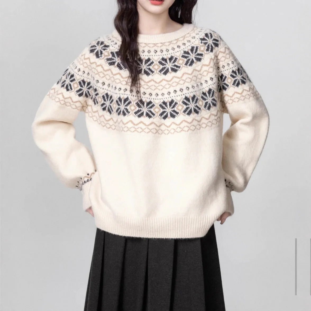 Women's milky white Fair Isle geometric pattern pullover sweater with crew neck and long sleeves