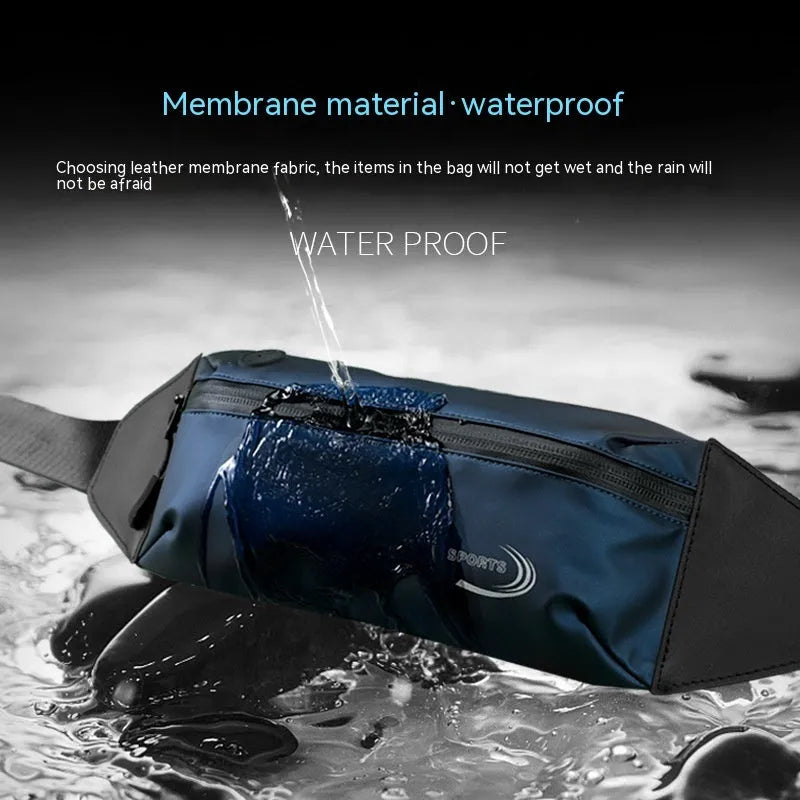 Blue waterproof polyester waist bag for men, shown on a waist, with adjustable strap.