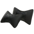 Leather quilted car headrest neck pillow with diamond check pattern in black with contrasting stitching