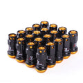 Set of aluminium alloy forged wheel hub nuts in various two-tone colours like red and gold on a black background.