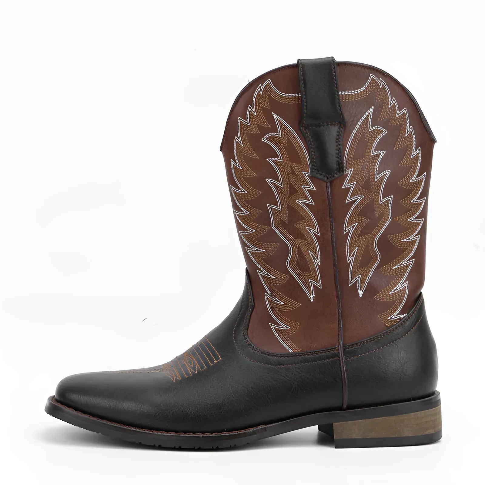 Men's black Western denim motorcycle boots with square toe design and low wedge heel