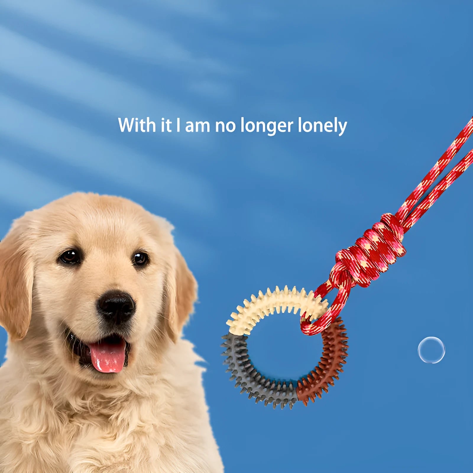 Blue braided rope dog toy with puppy knot design measuring 43 cm long