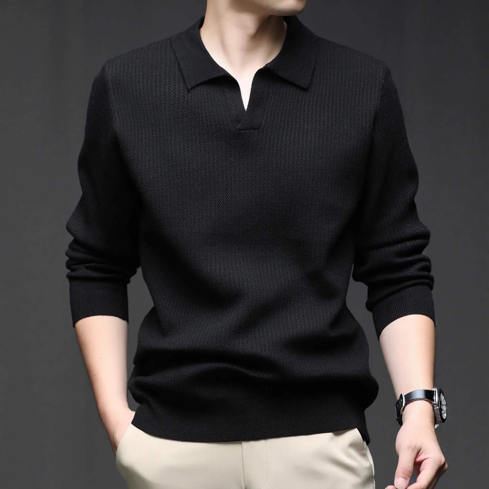 Men's loose-fit casual pullover sweater in autumn colours on hanger
