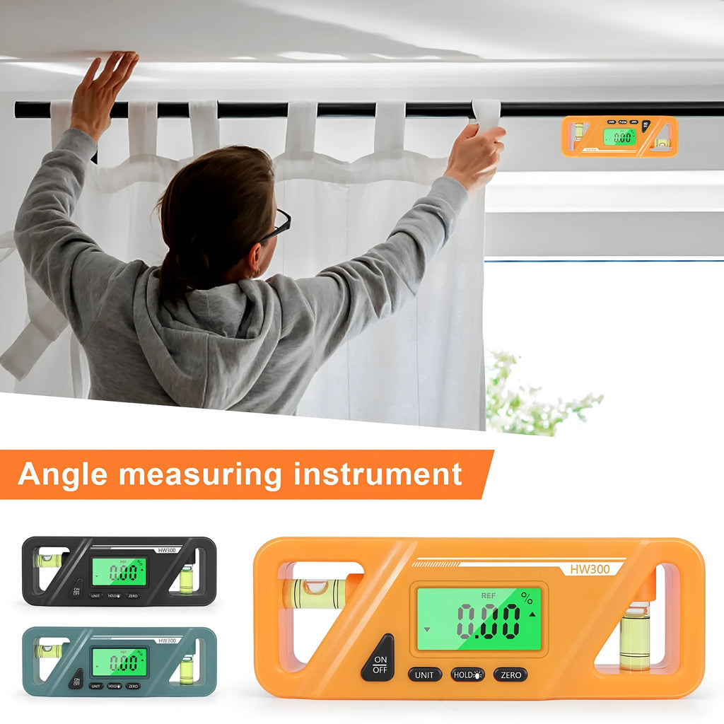 Black digital inclinometer level meter with magnetic base and LCD display showing angle reading.