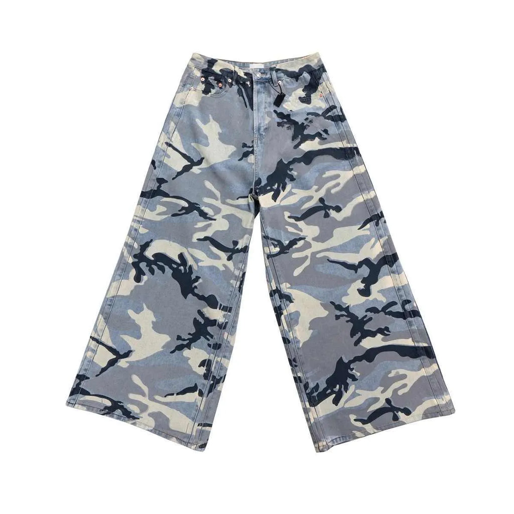 Snow camouflage blue loose fit jeans with mid waist design in cotton elastic denim fabric
