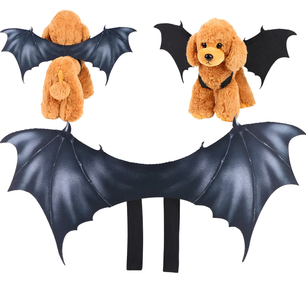 Black cloth bat wings costume for pets with three size options shown
