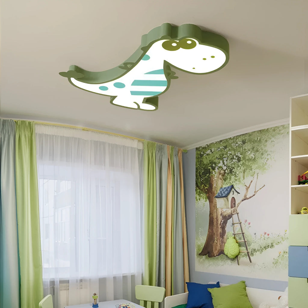 Cartoon dinosaur design ceiling light with a white PVC shade and aluminium body.