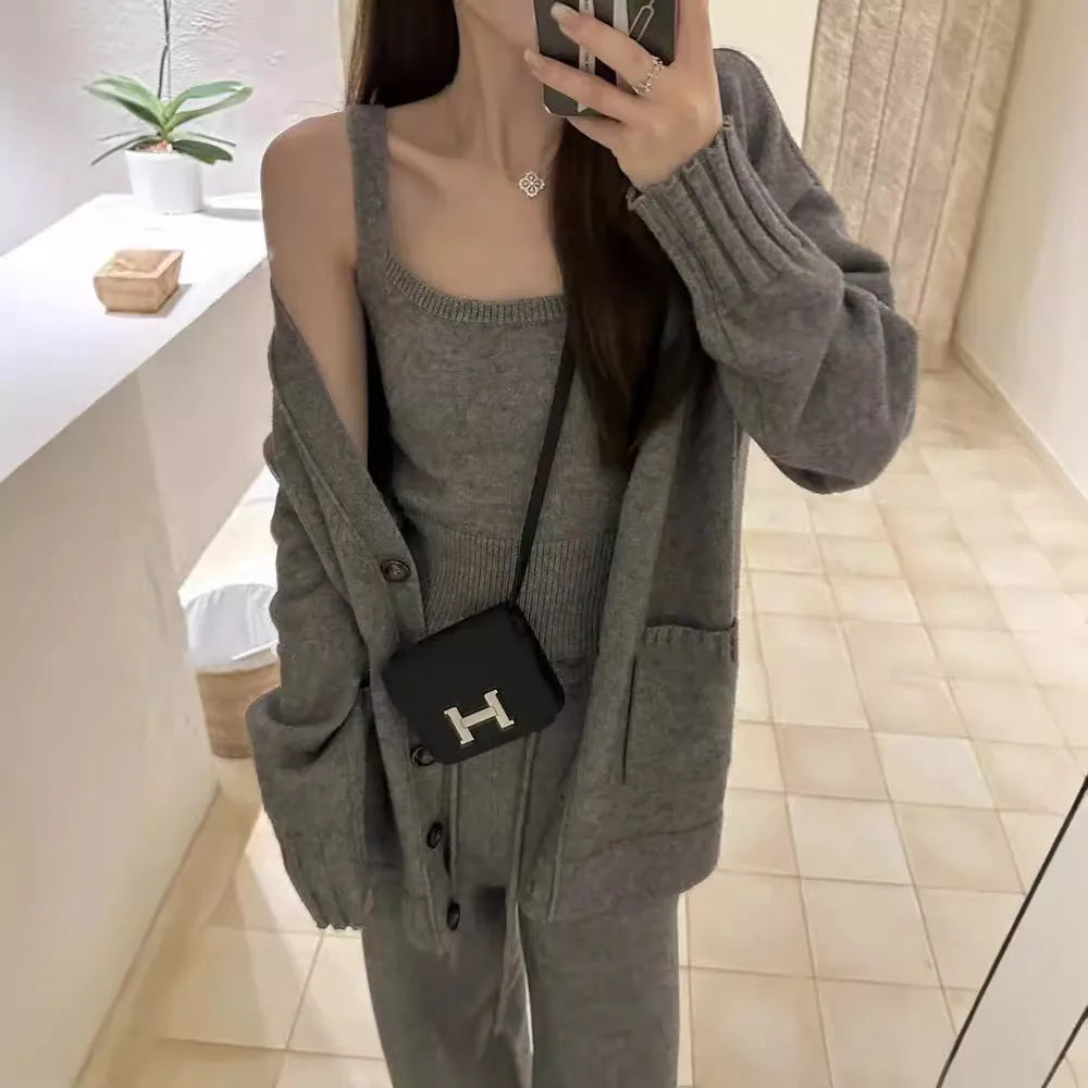 Women's knit cardigan with vest and suspender trousers three-piece set in beige colour