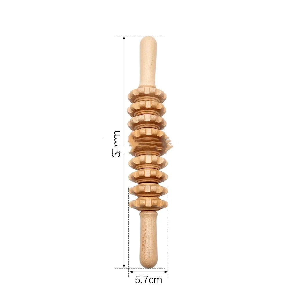 Beech wood massage roller set showing T-shaped, 9-wheel, 12-wheel straight, 12-wheel curved and 13-wheel designs