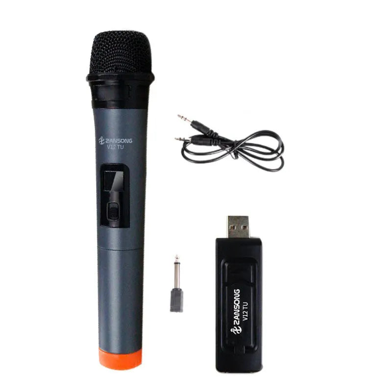 Black Wireless Microphone V12 handheld dynamic microphone with USB receiver and accessories