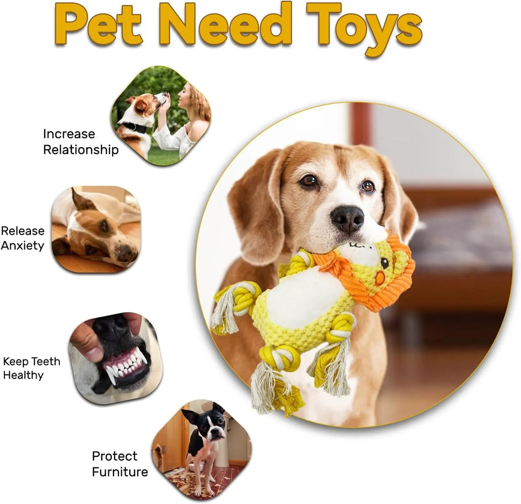 Two plush squeaky dog toys: yellow lion design and brown monkey design with internal squeakers