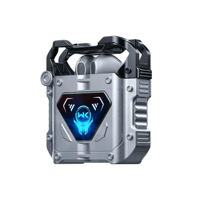 Silver Bluetooth headset with zinc alloy shell and breathing light on charging compartment