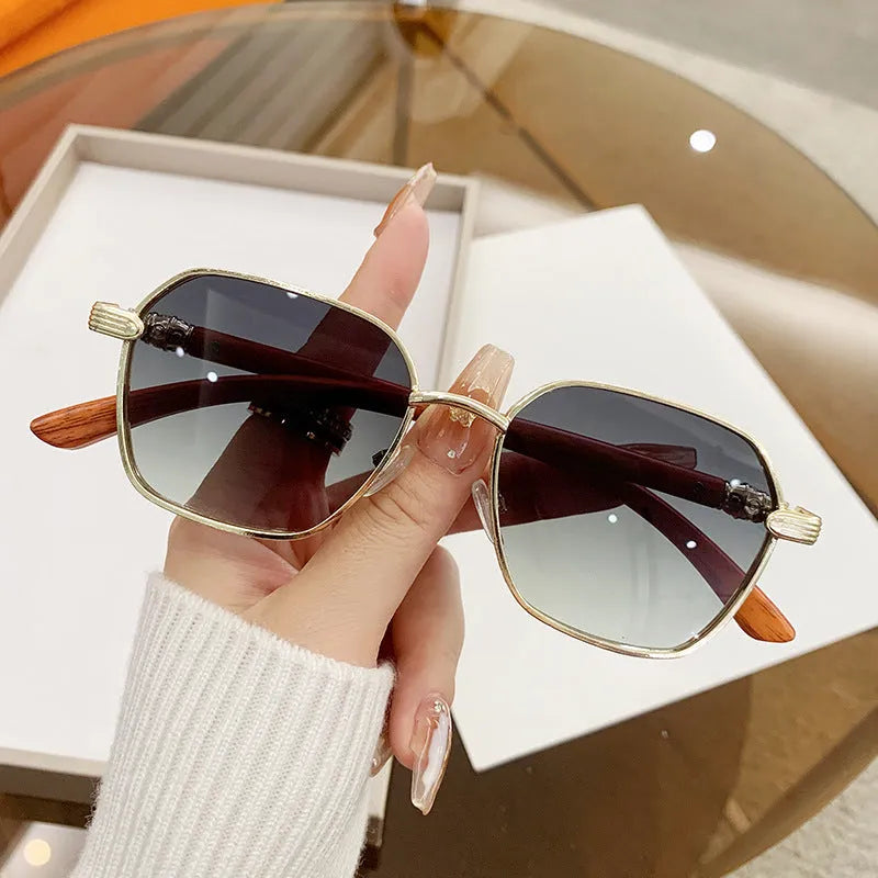 Women's frameless glasses with wood grain finish alloy frame in gold with blue lenses