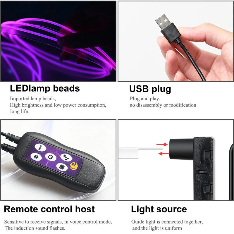 USB-powered flexible LED car ambient light strip for colour-changing dashboard and centre console decoration