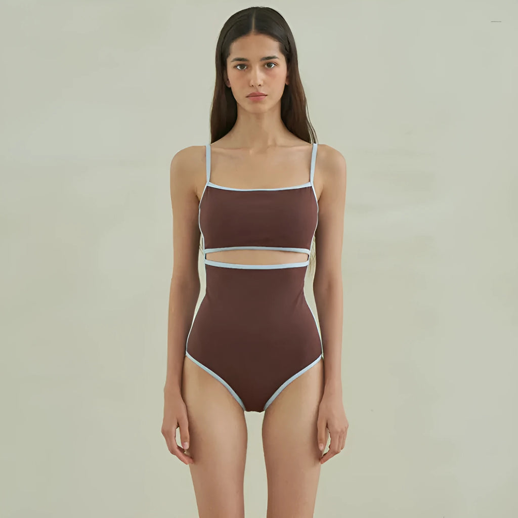 Brown triangle cut one-piece swimsuit for women on hanger showing front design