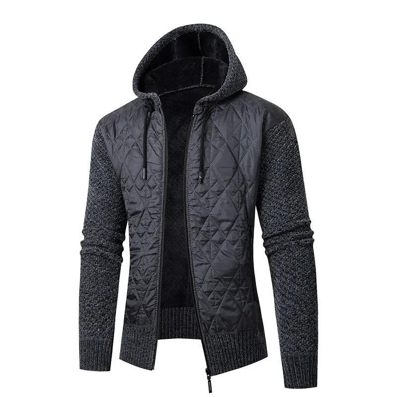 Men's grey hooded sweater coat with cinched waist and corduroy fabric texture