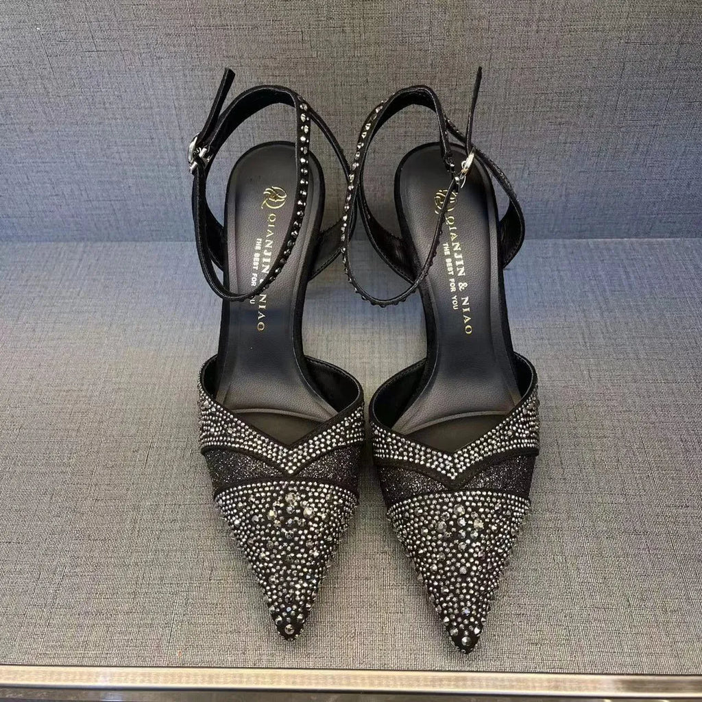 Women's hollow stiletto high heels with red sole and pointed toe design in black and silver options