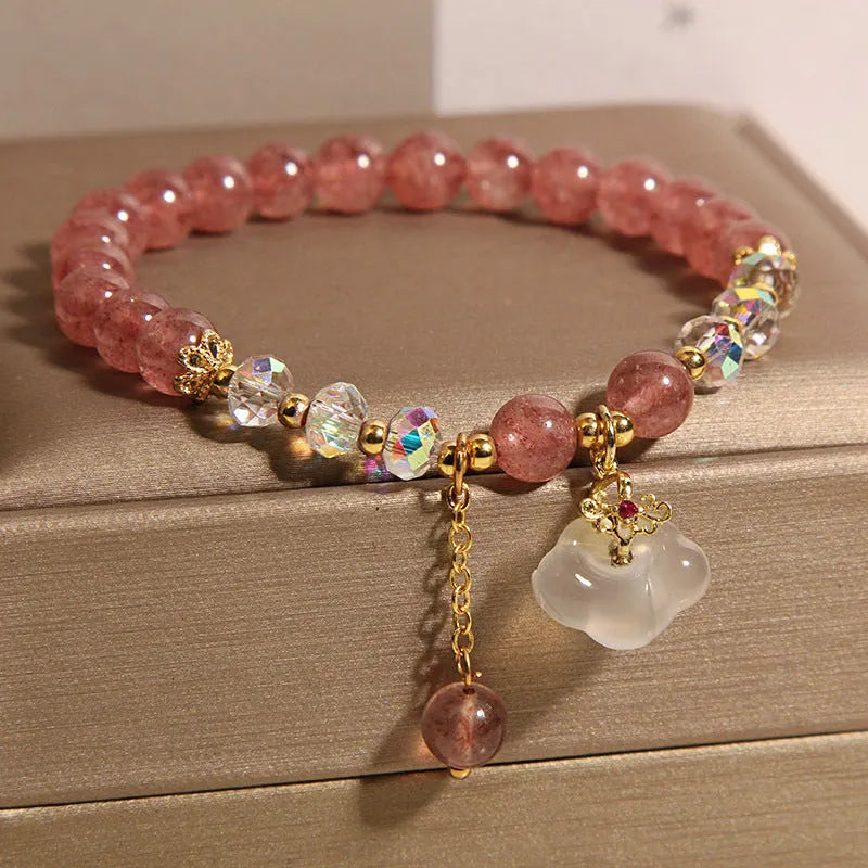 Women's strawberry quartz and white agate crystal bracelet with auspicious cloud charms