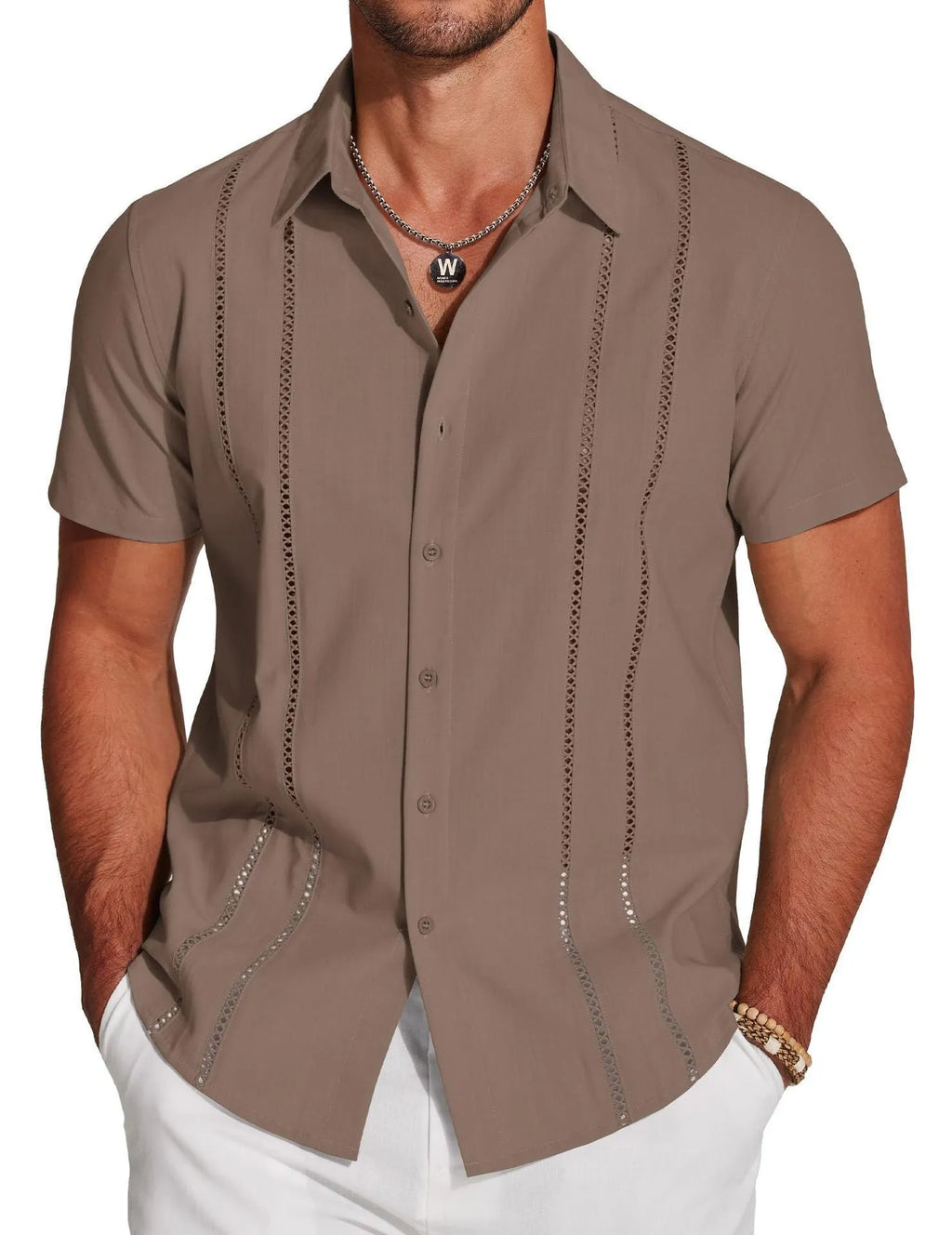 Man wearing a slim fit, short sleeve Hawaiian shirt with a digital print pattern in a cardigan style.