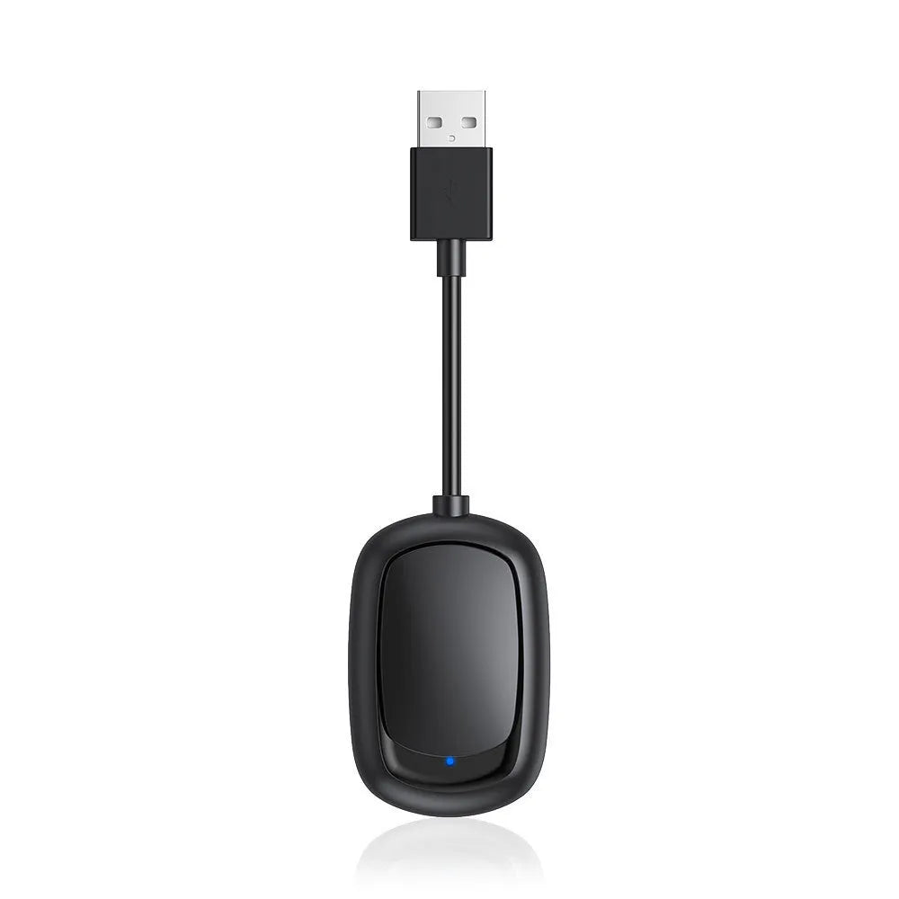 Wireless CarPlay and Android Auto 2-in-1 USB adapter box for car dashboard.