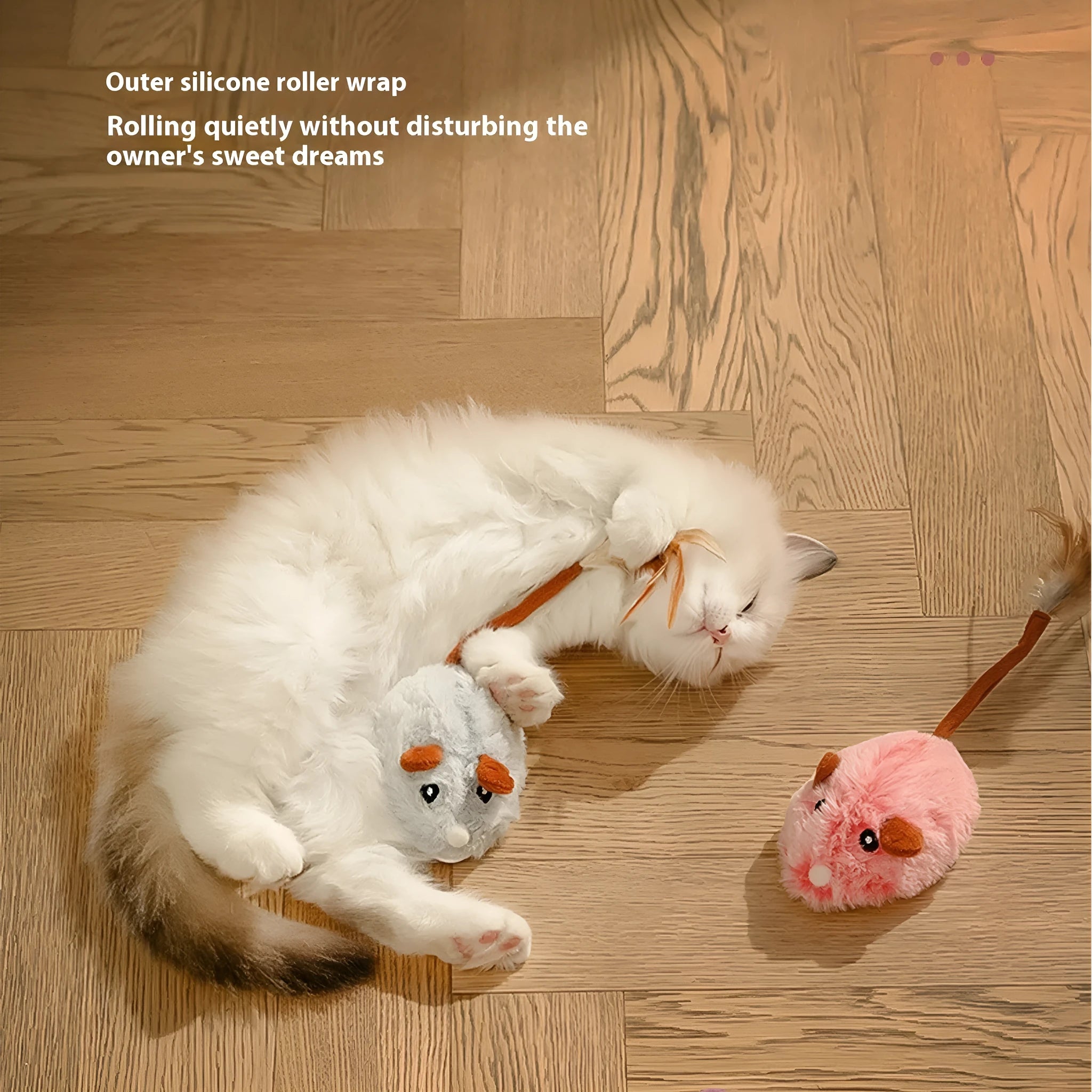 Electric self-moving cat toy with pink plush mouse attachment showing Type-C charging port