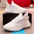Men's white breathable sports shoes with platform heel and mesh lining on a white background