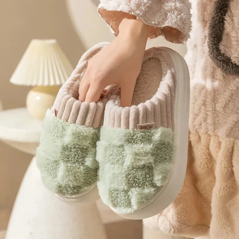 Women's plush coral velvet indoor slippers with a non-slip PVC sole, shown in various colours.