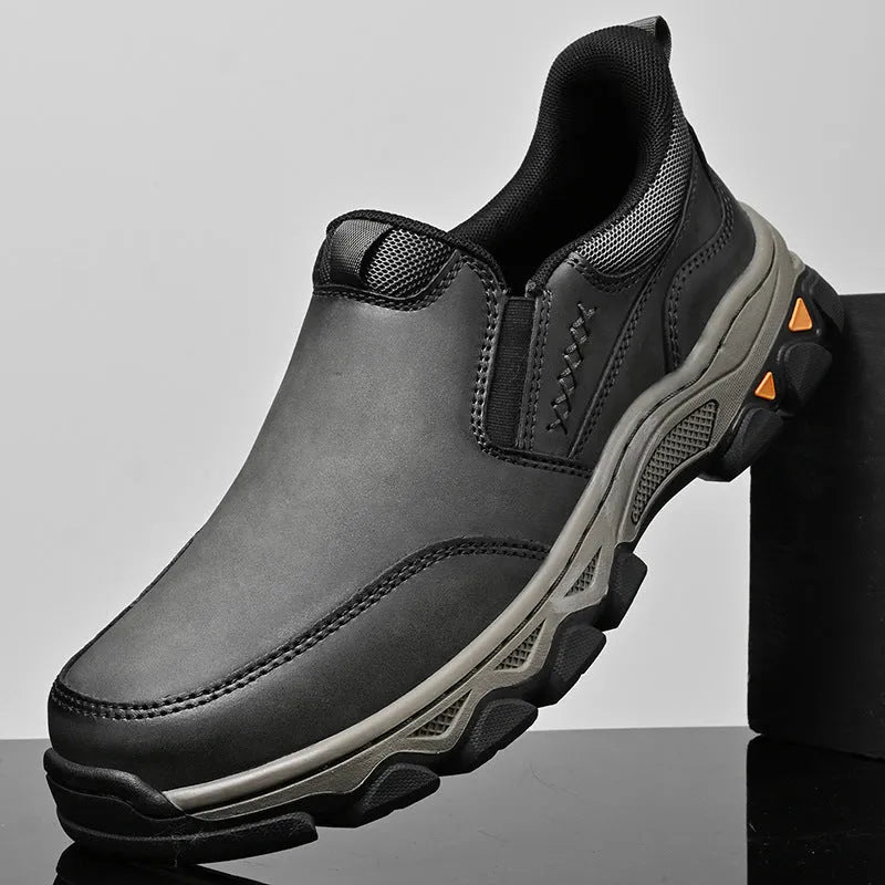 Men's casual leather shoes with rubber sole in black, brown, or grey colours