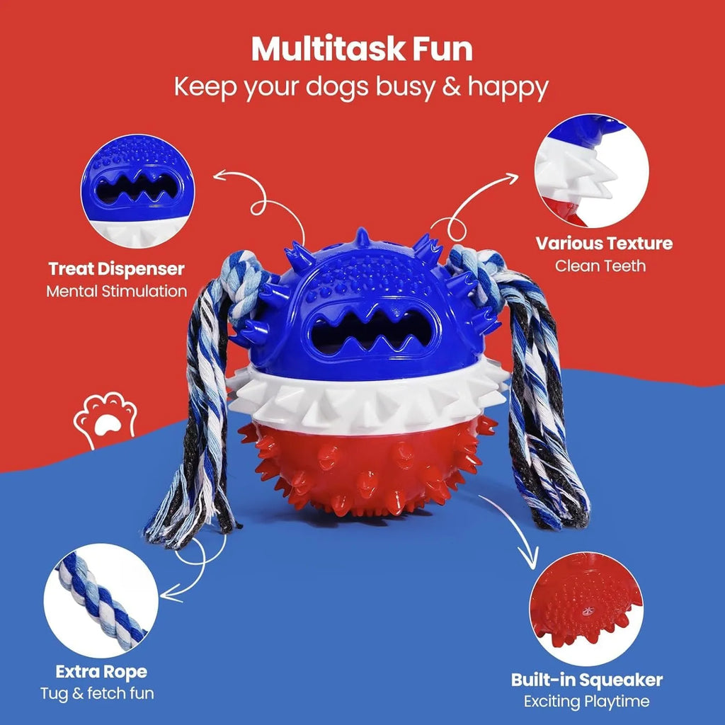 Blue and red squeaky dog chew ball with treat hole and textured surface