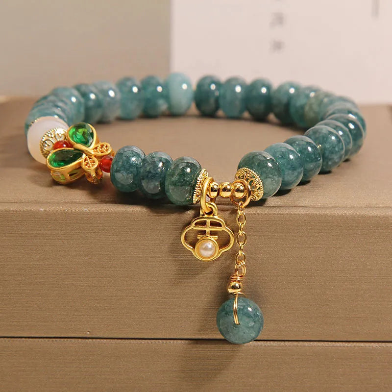 Women's blue water jade abacus bead bracelet with alloy inlay and butterfly charms