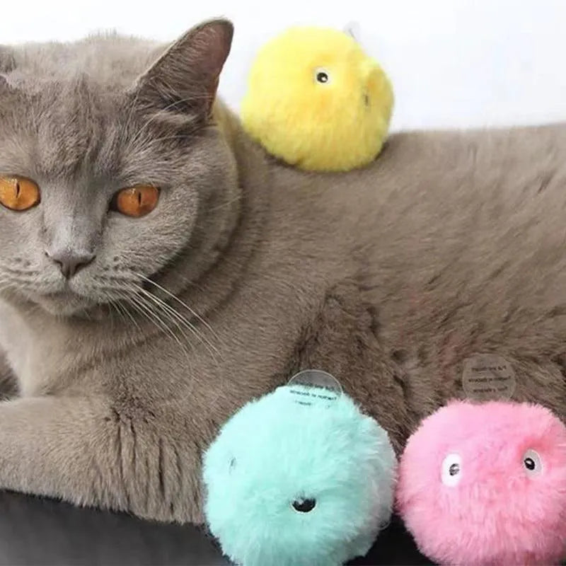 55mm diameter interactive cat toy ball in blue, pink, and yellow colours with removable lid for catnip