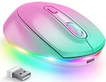 24g rechargeable wireless mouse in various colours, shown with USB charging cable.