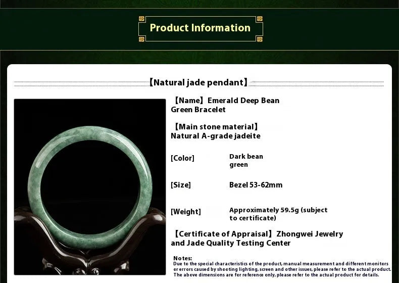 Natural emerald bean green bracelet for women with certificate and gift box