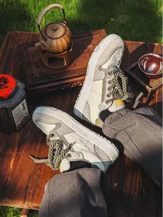 Green China-chic star pattern casual sneakers with mesh lining and rubber soles