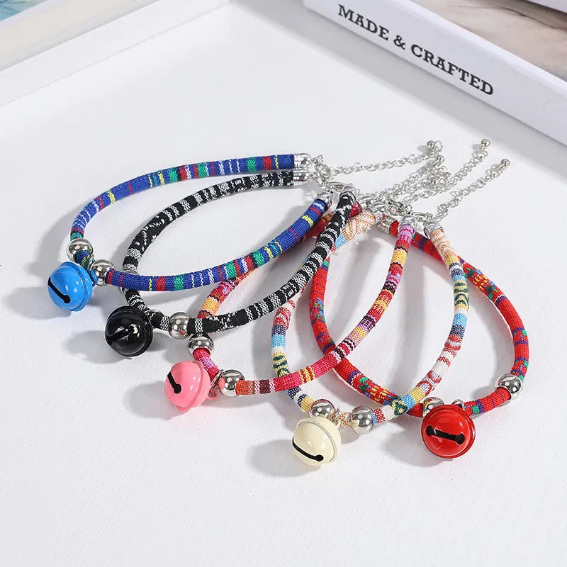 Ethnic patterned adjustable pet collar with bell in multiple colour options