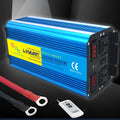 Blue high-power pure sine wave inverter with digital display, UK socket, and remote control.
