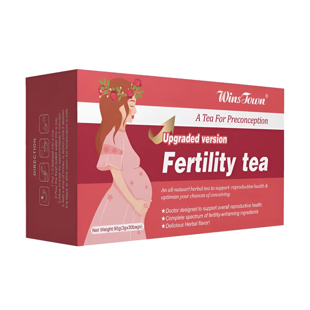 Box of fertility tea showing 3x30 bag pack configuration for herbal reproductive wellness support