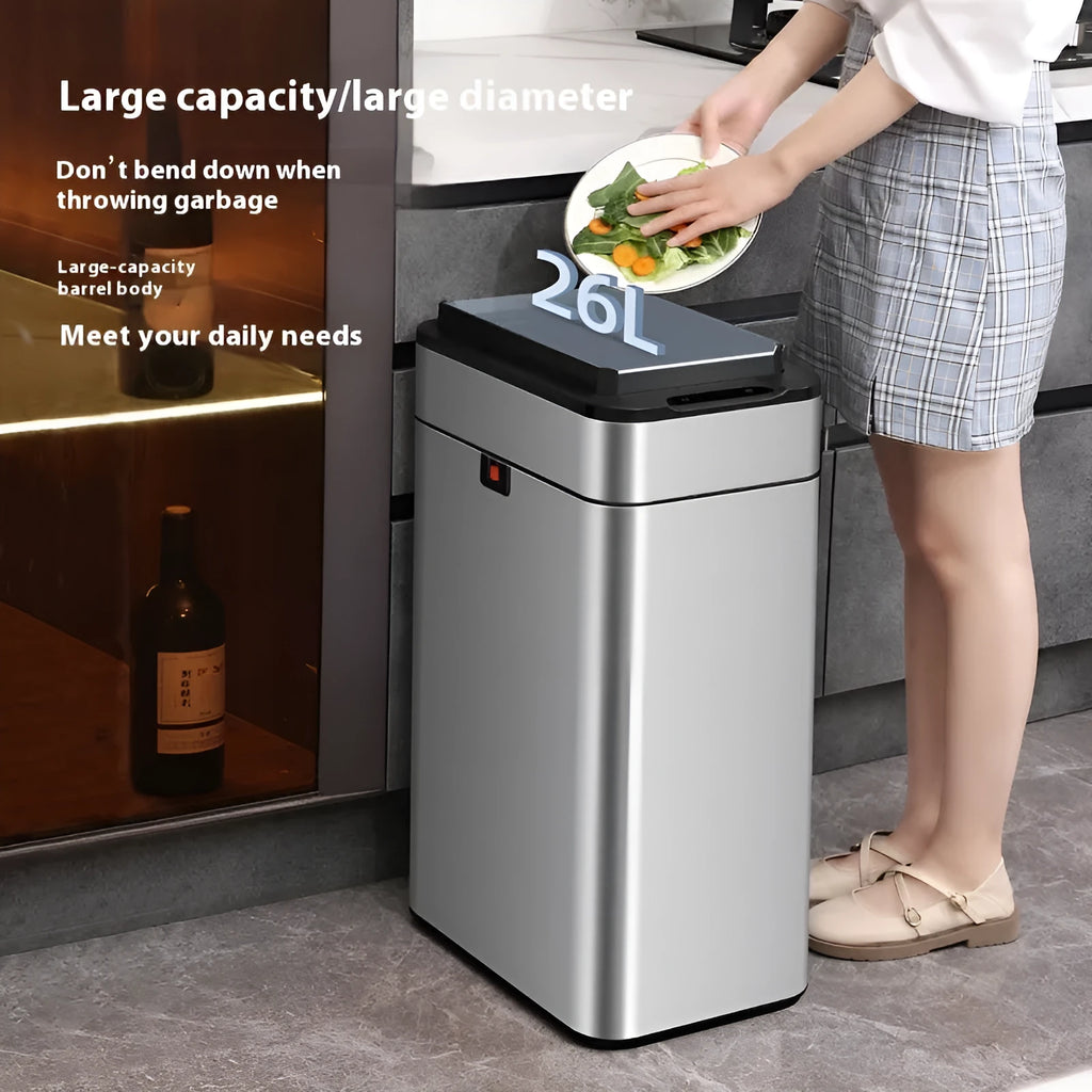 Inductive smart trash can in stainless steel with square bucket shape and deodorant function