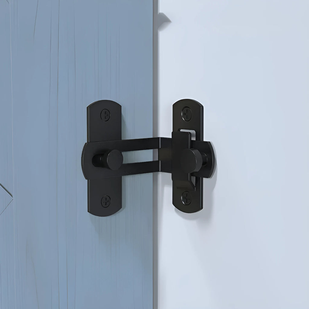 American-style black carbon steel sliding door lock with stainless steel shackle for barn doors.