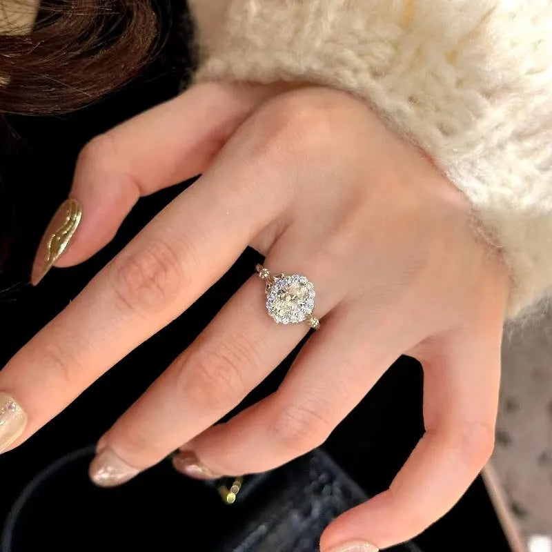 Silver adjustable opening geometric ellipse bridal bouquet ring with diamond treatment