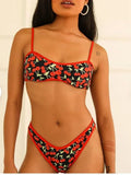 Women's cherry print floral tube top bikini swimsuit in polyester fabric.